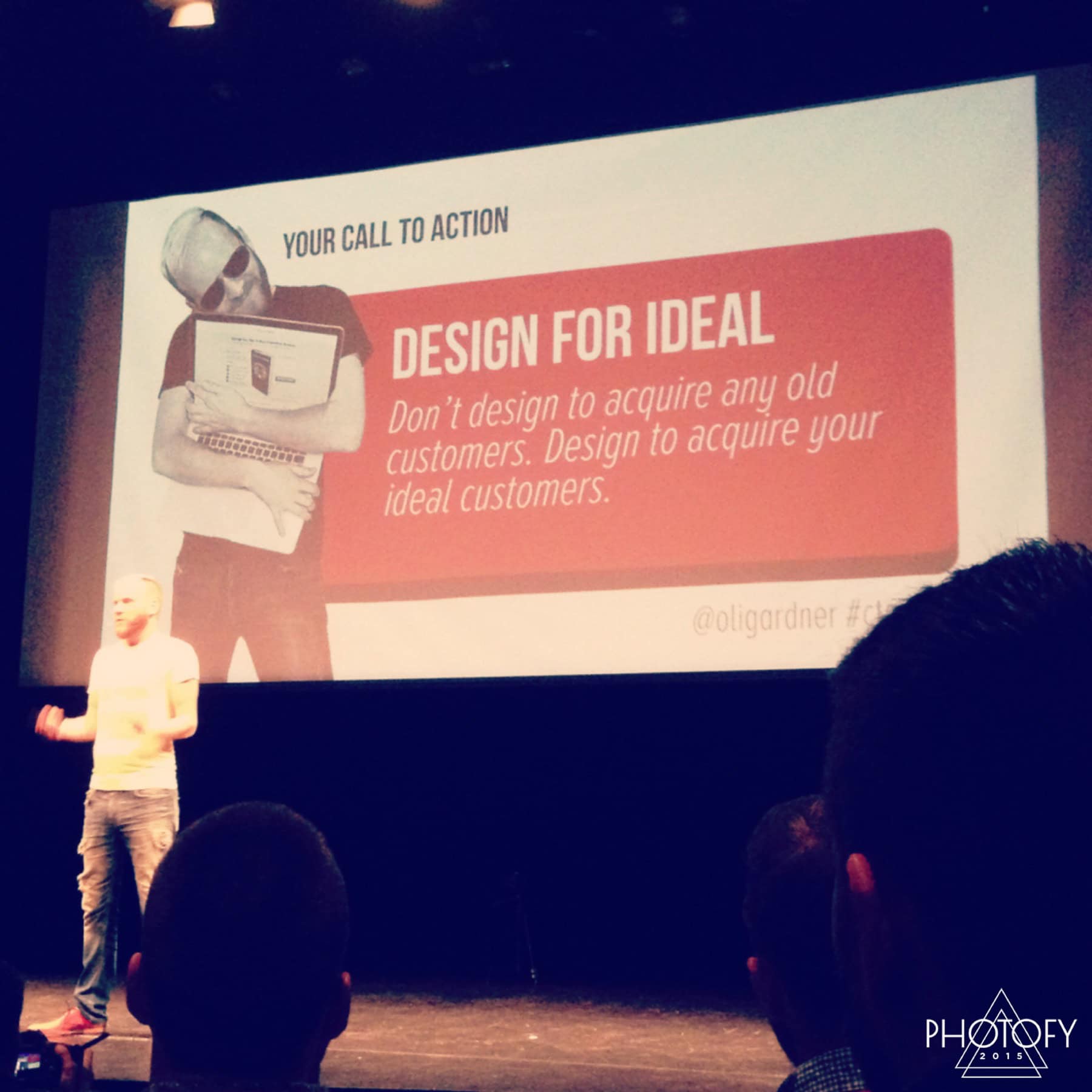 Speaker Oli Garder speaks about optimizing by focusing design on the right kind of customer rather than all customers. image1